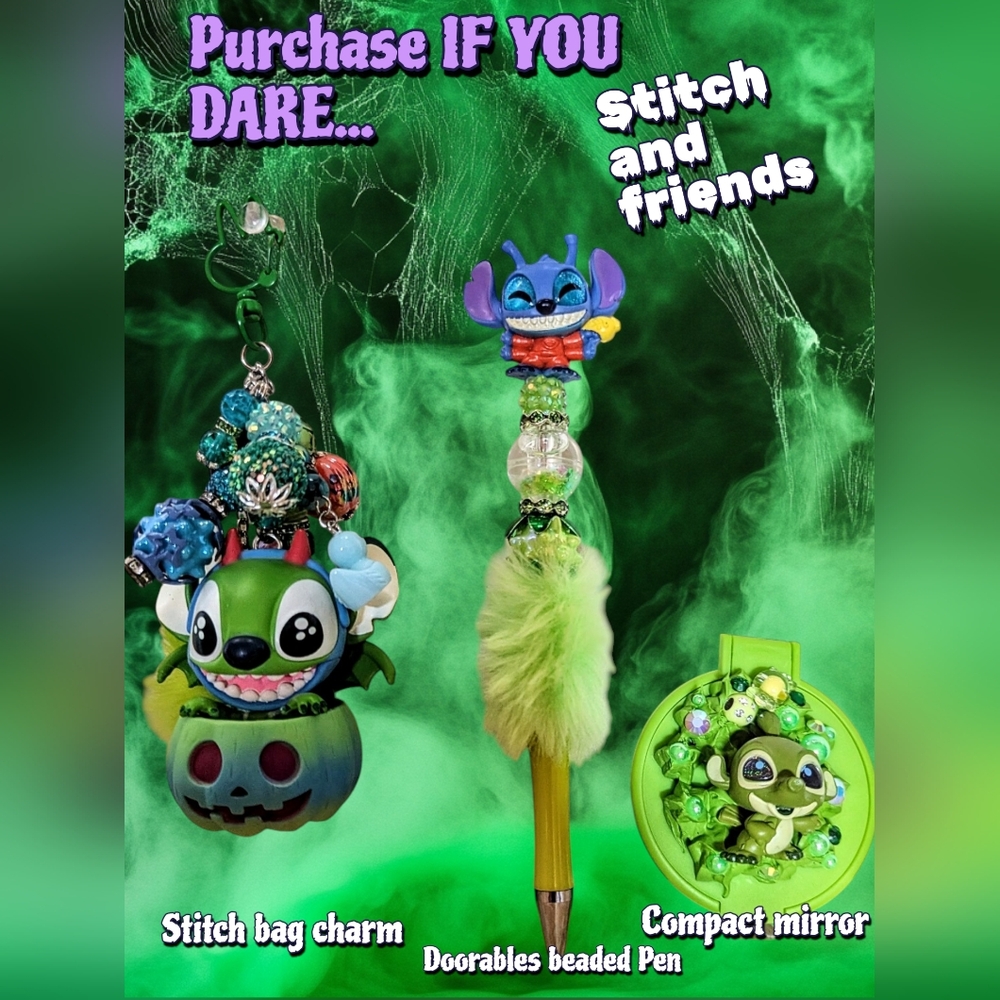 New Stitch Halloween Charm, Pen, & Compact Mirror! Rare! One Of A Kind!